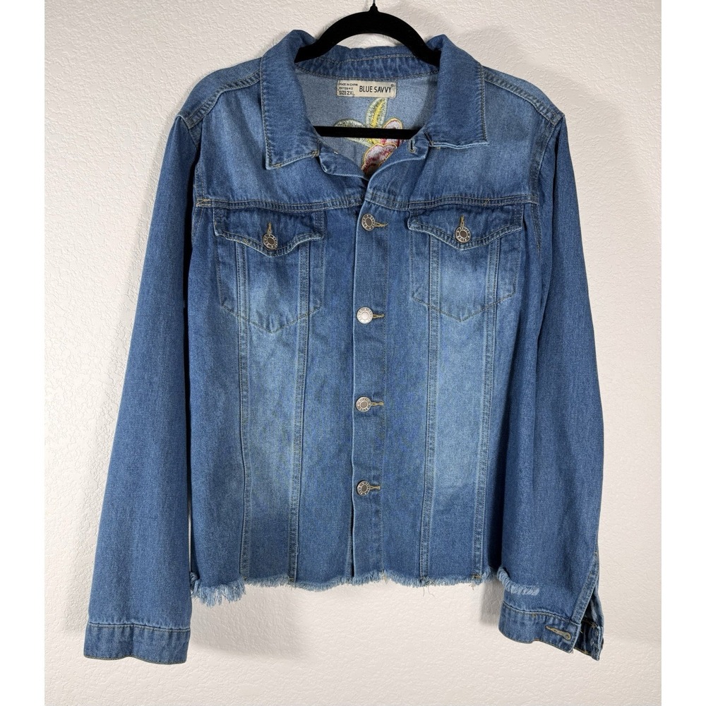Blue Savvy Womens 2XL Blue Denim Embroidered Floral Jean Jacket Boho Raw Hem